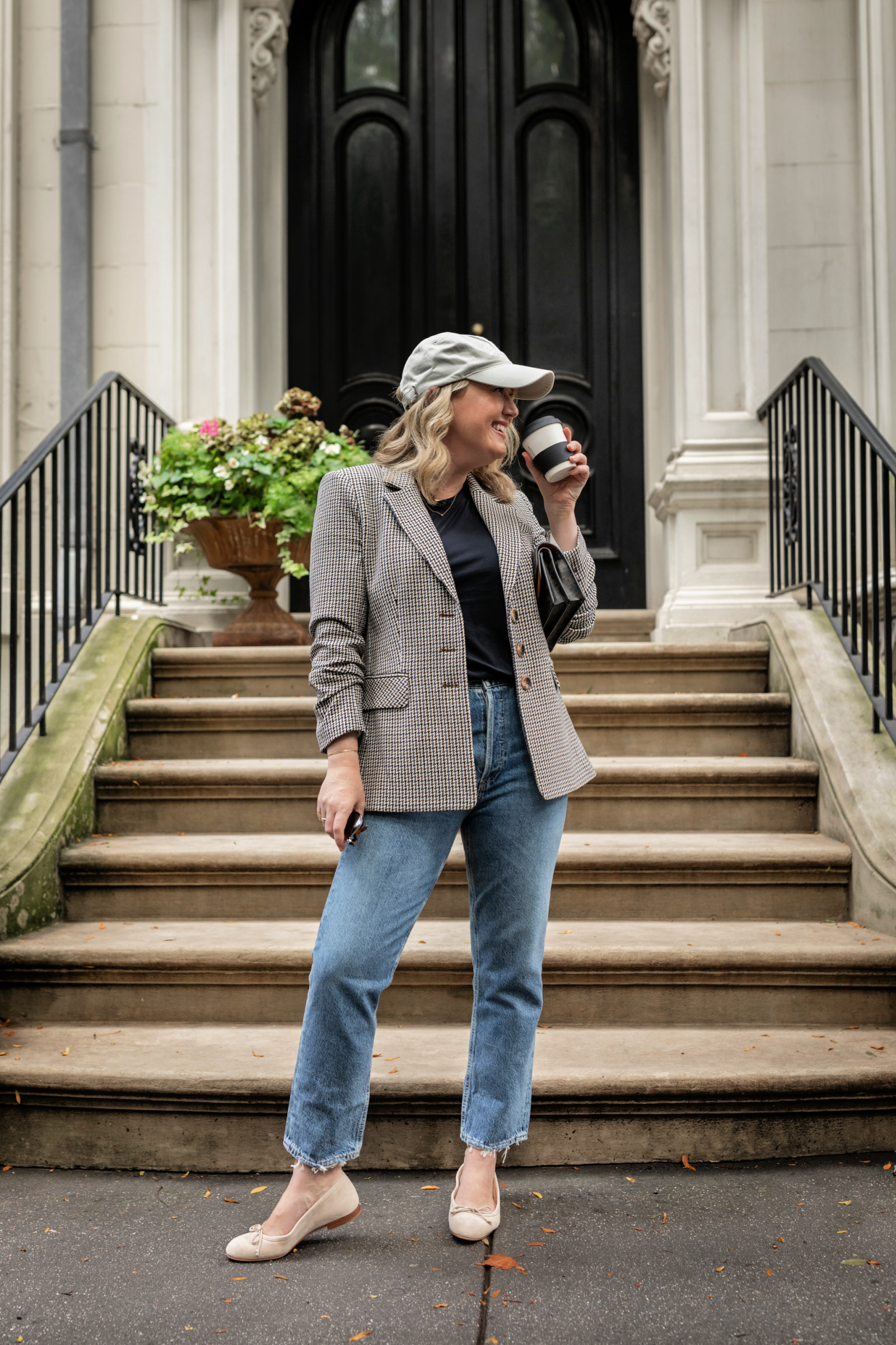 Fall Outfit featuring Veronica Beard Blazer, Agolde Straight Leg Jeans, Manolo Blahnik Ballerina Flats
