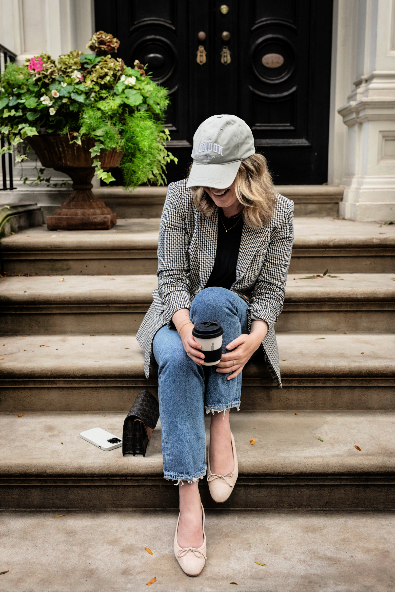 Fall Outfit featuring Veronica Beard Blazer, Agolde Straight Leg Jeans, Manolo Blahnik Ballerina Flats