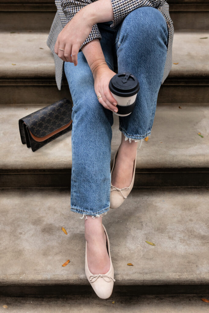 Fall Outfit featuring Veronica Beard Blazer, Agolde Straight Leg Jeans, Manolo Blahnik Ballerina Flats