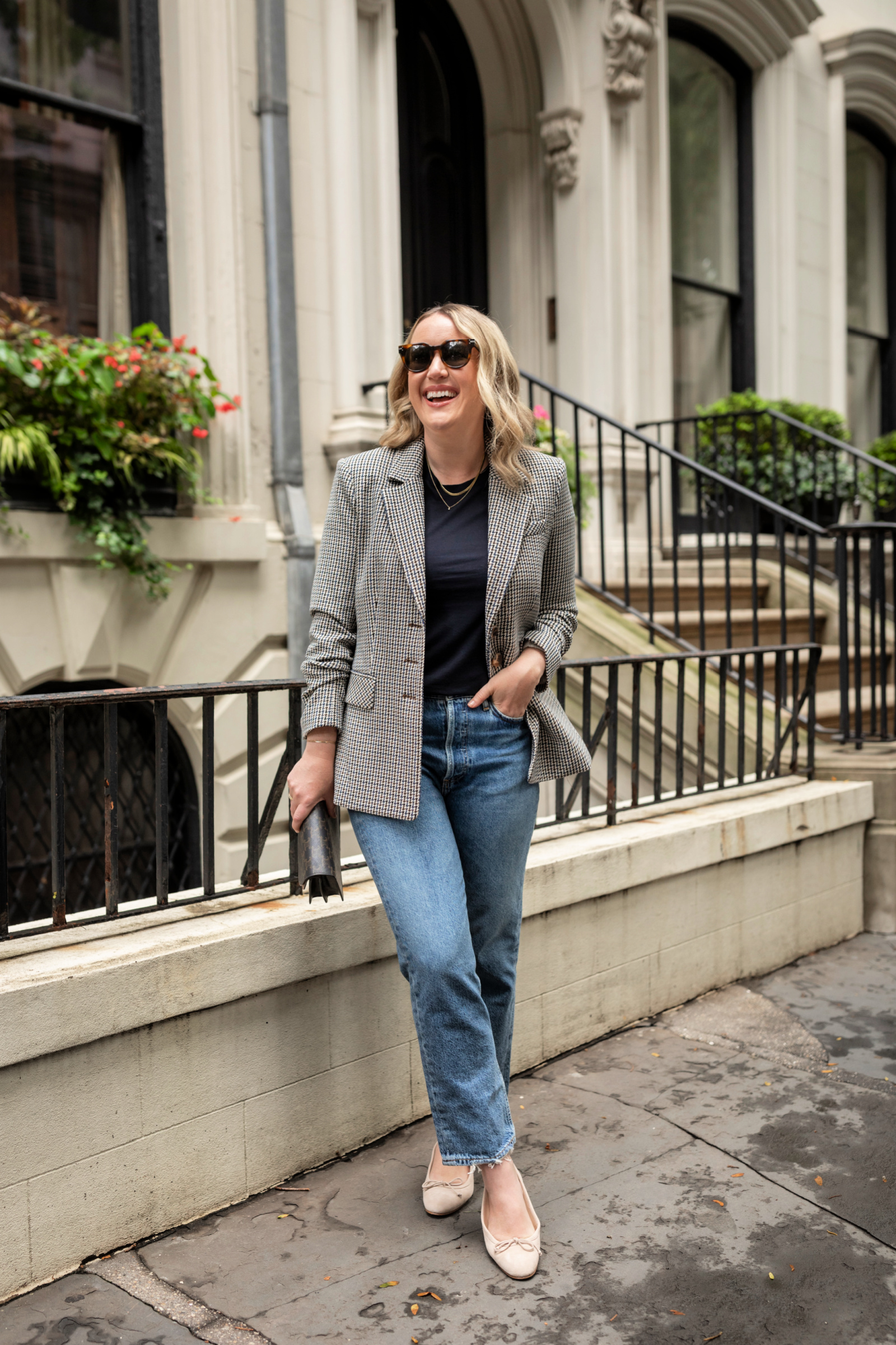 Fall Outfit Ideas with Jeans Fall Outfit featuring Veronica Beard Blazer, Agolde Straight Leg Jeans, Manolo Blahnik Ballerina Flats