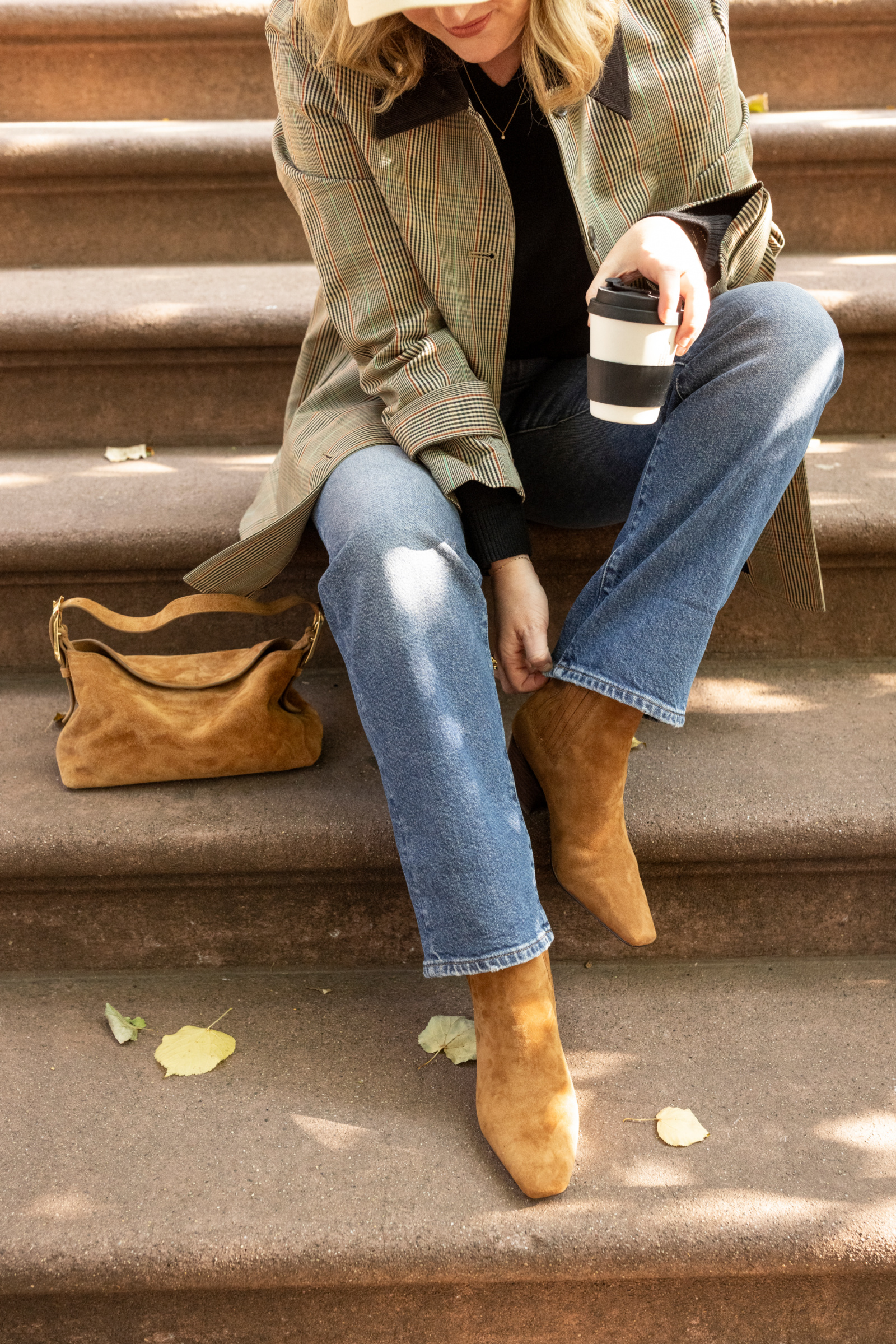 Barn Jacket, V-Neck Cashmere Sweater, Straight Leg Nipped Jeans, Berkley Small Shoulder Bag, Suede Square Toe Boot