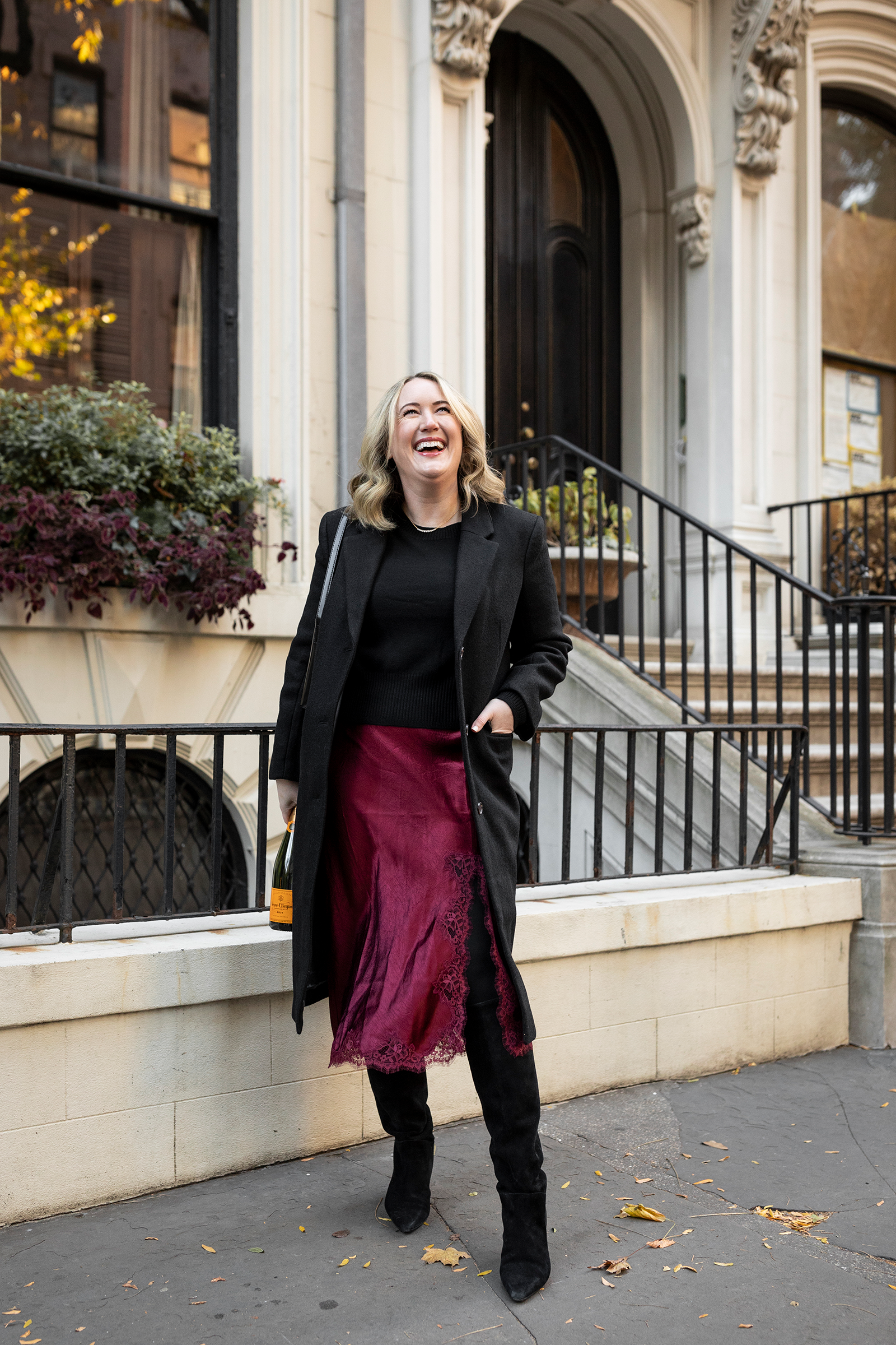 Meghan Donovan in J.Crew Gwyneth lace-trim slip skirt in textured satin