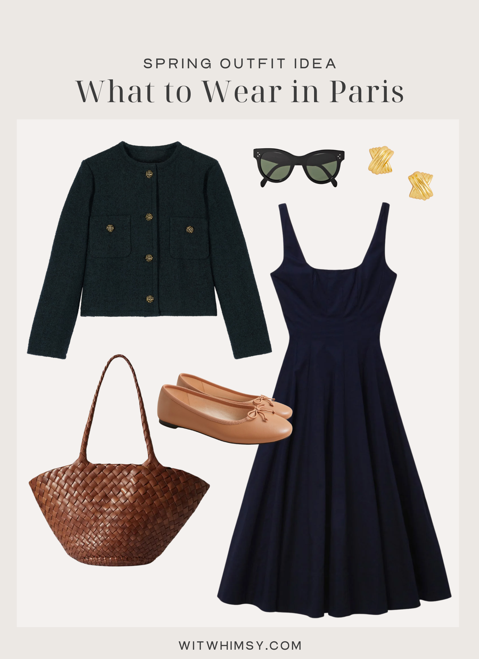 Wit Whimsy Blogger Meghan Donovan collage of dress, tweed coat, sunglasses, bag, and flats