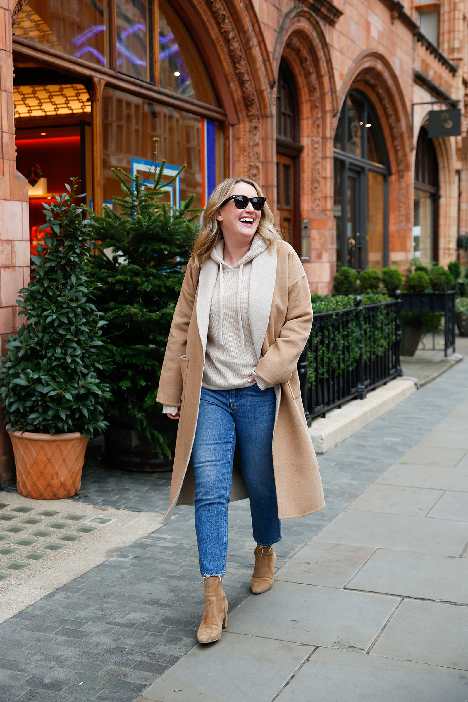 What to Wear in London Jenni Kayne cashmere fisherman hoodie under a wrap coat, London Fall layering