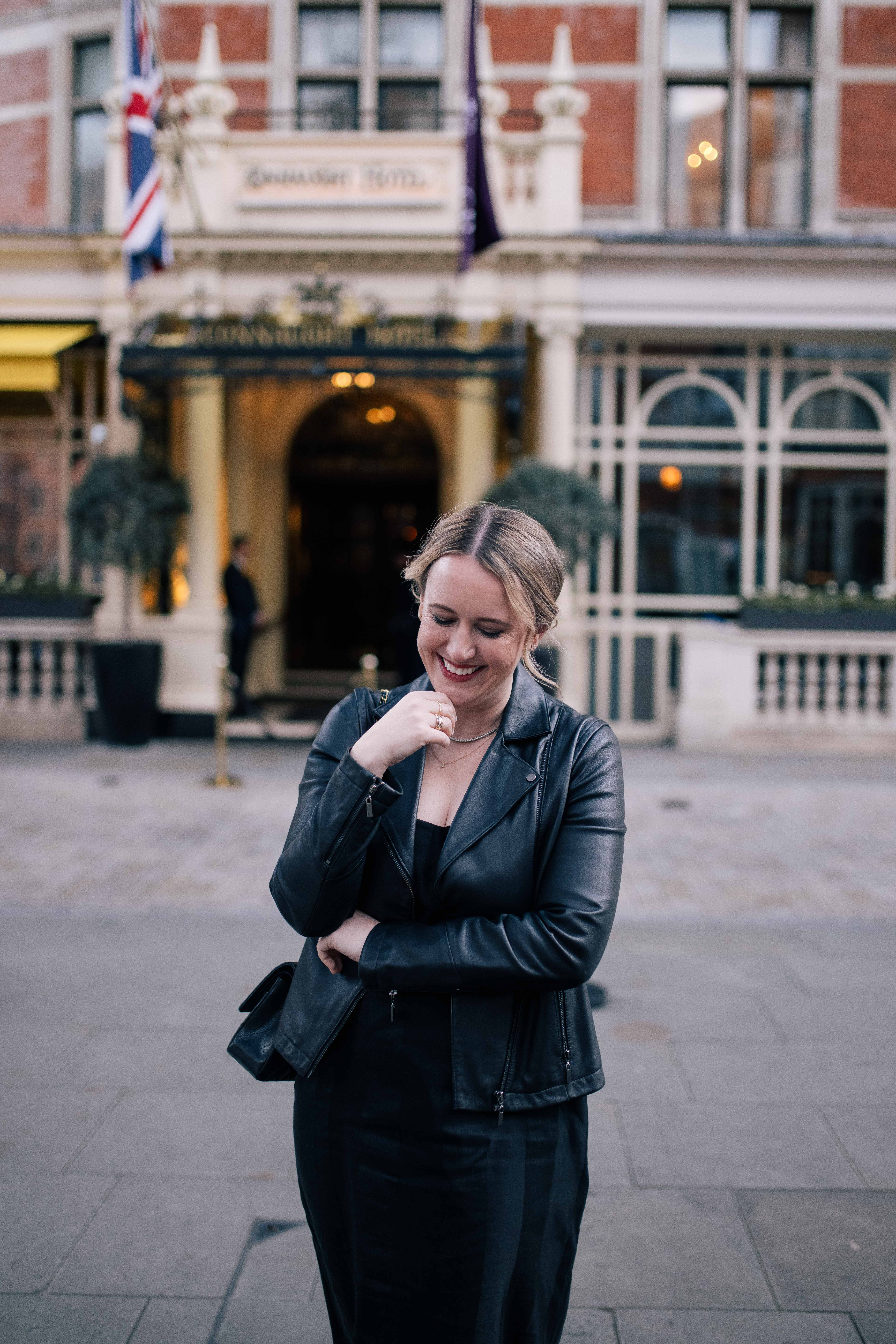 Meghan modeling her leather jacket.
