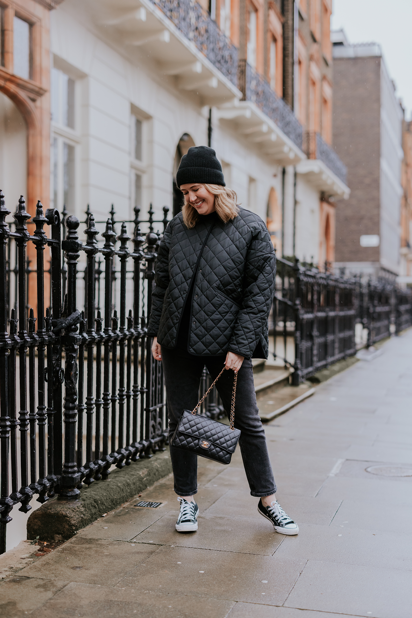 Fall Outfit Ideas with Jeans Wit Whimsy wearing Toteme quilted jacket