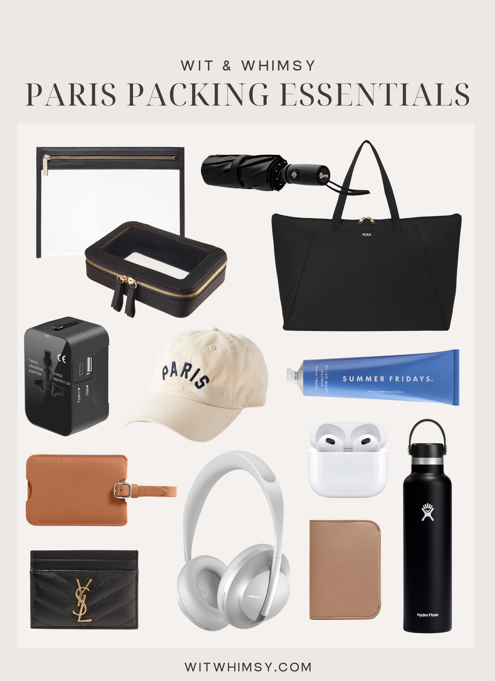 Collage of paris packing essentials