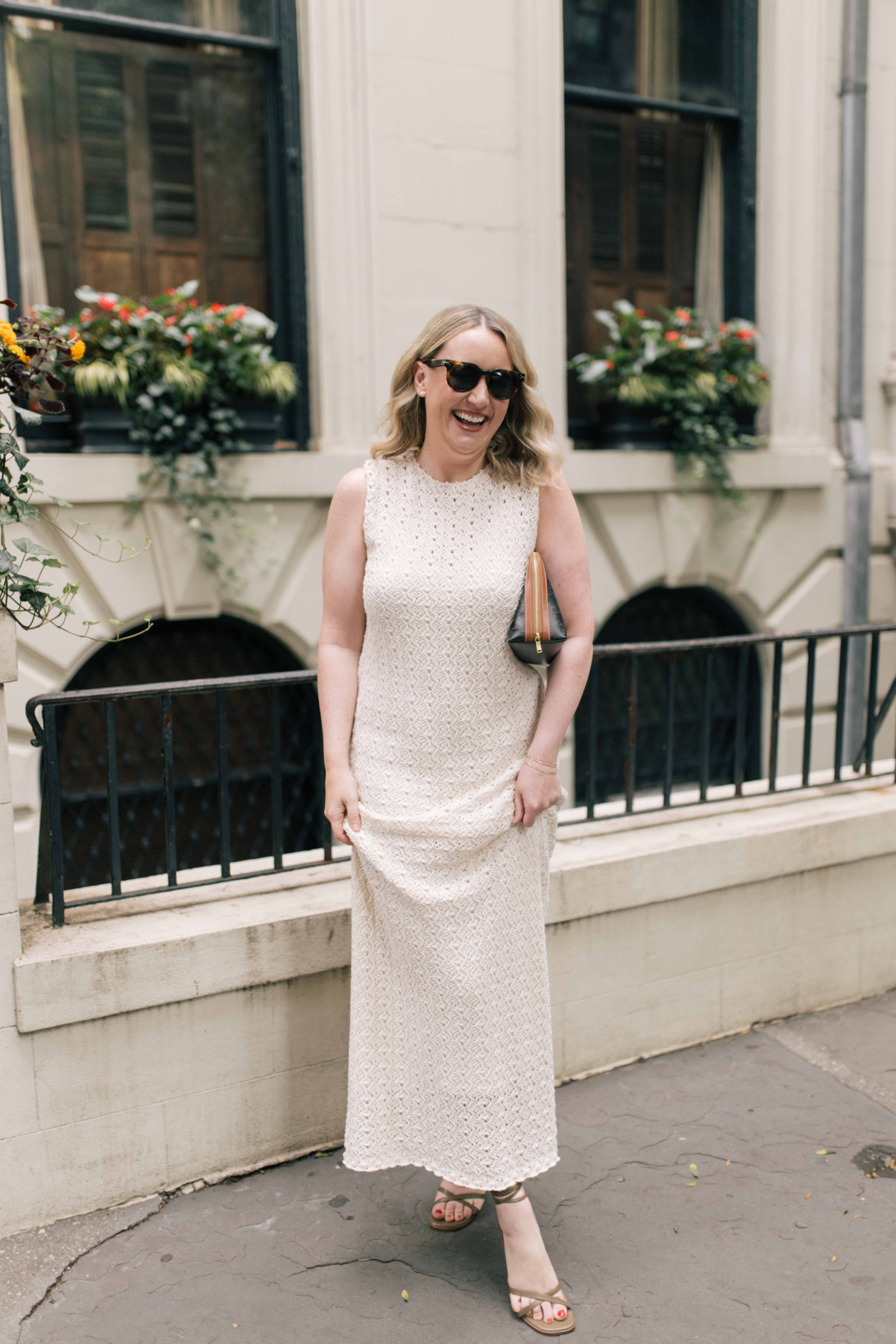 Reformation Crochet Dress and Margaux Wrap Sandal for Summer Outfit