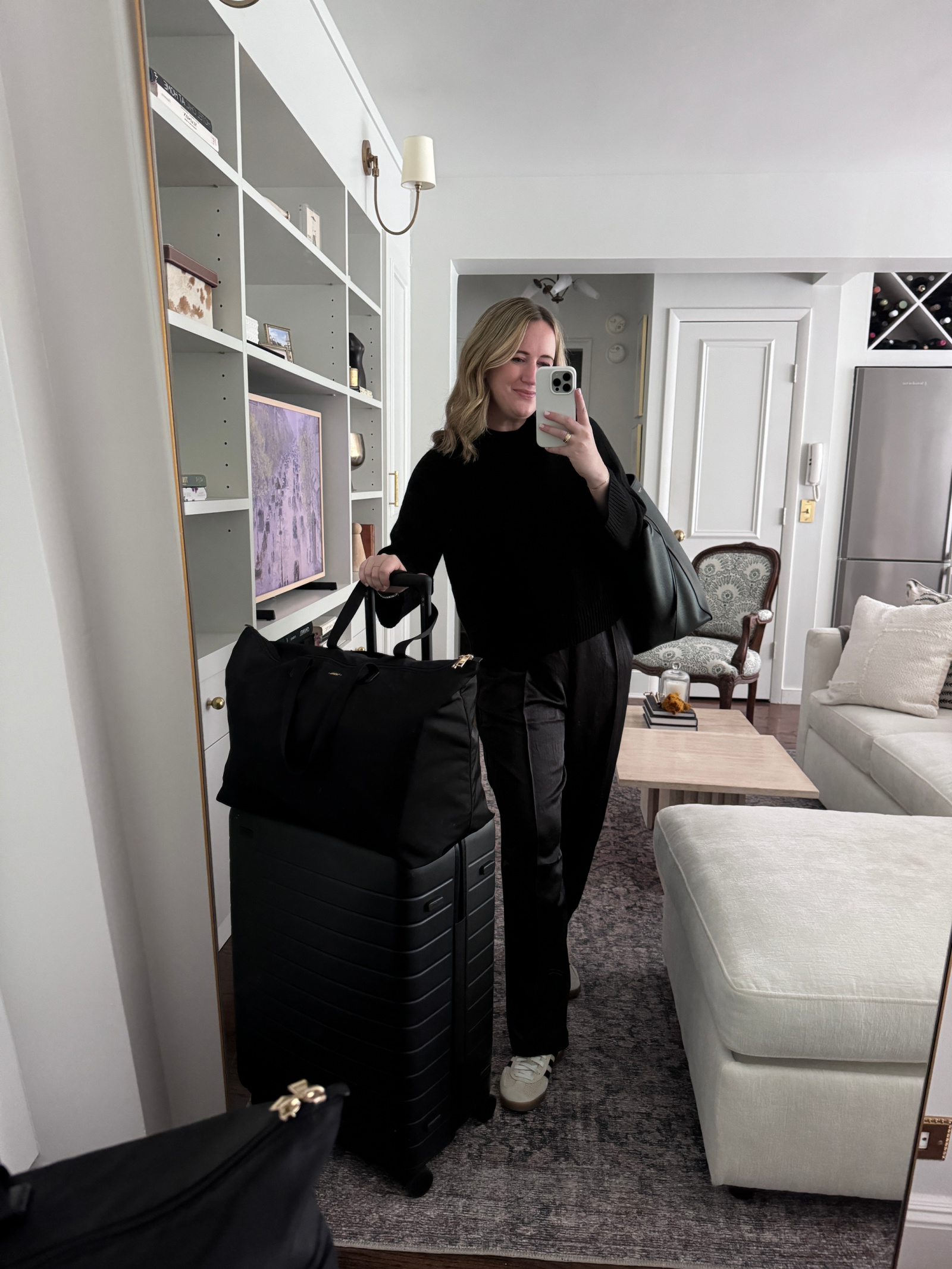 What to Wear on a Long Flight wit & whimsy wearing Varley satin pants