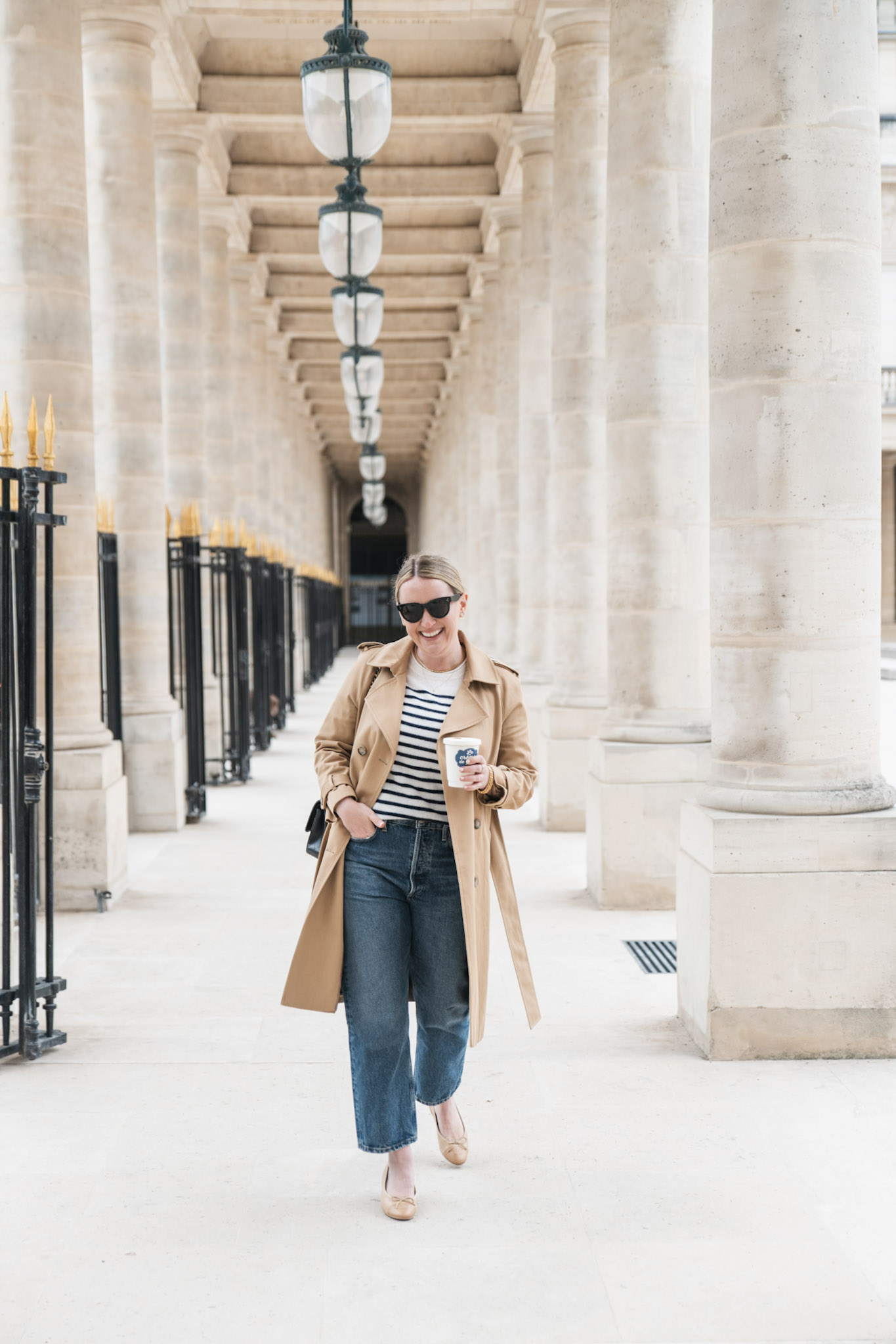 Paris in Spring Outfit featuring a trench coat and striped sweater