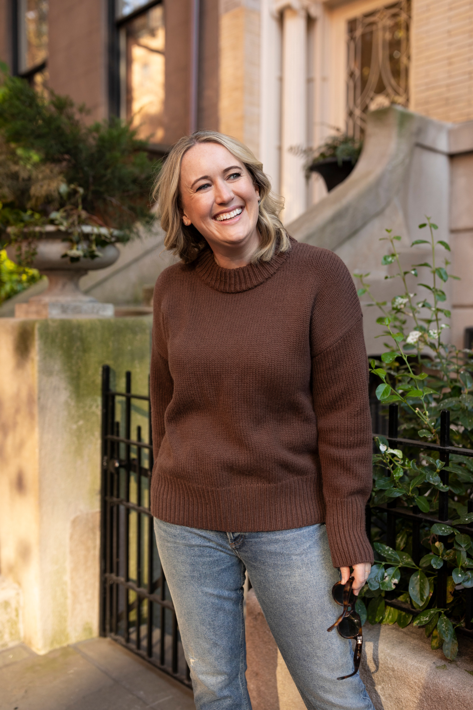 La Ligne Sweaters Review with & whimsy wearing La Ligne Solid Marin