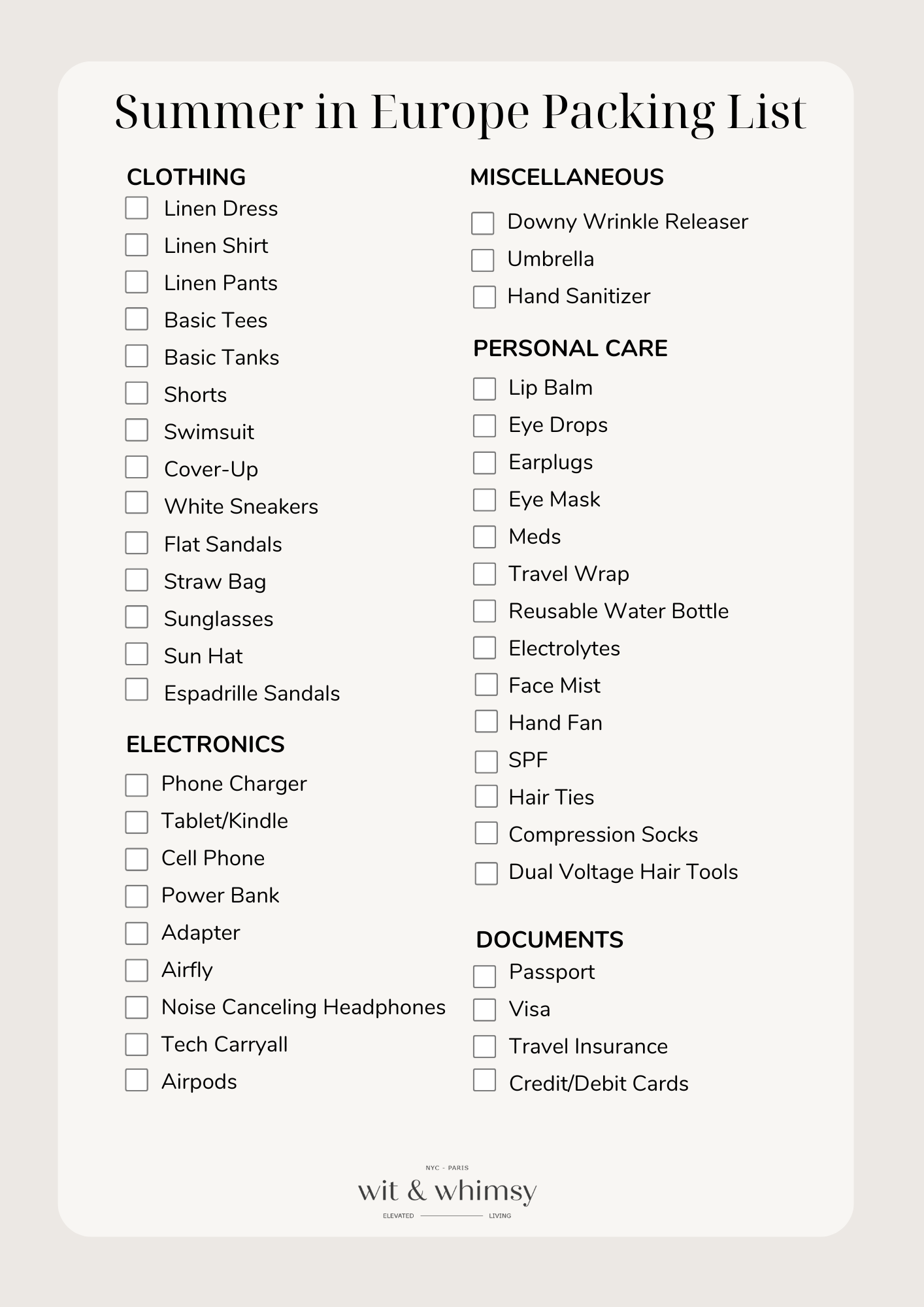 Packing list for Summer in Europe travel