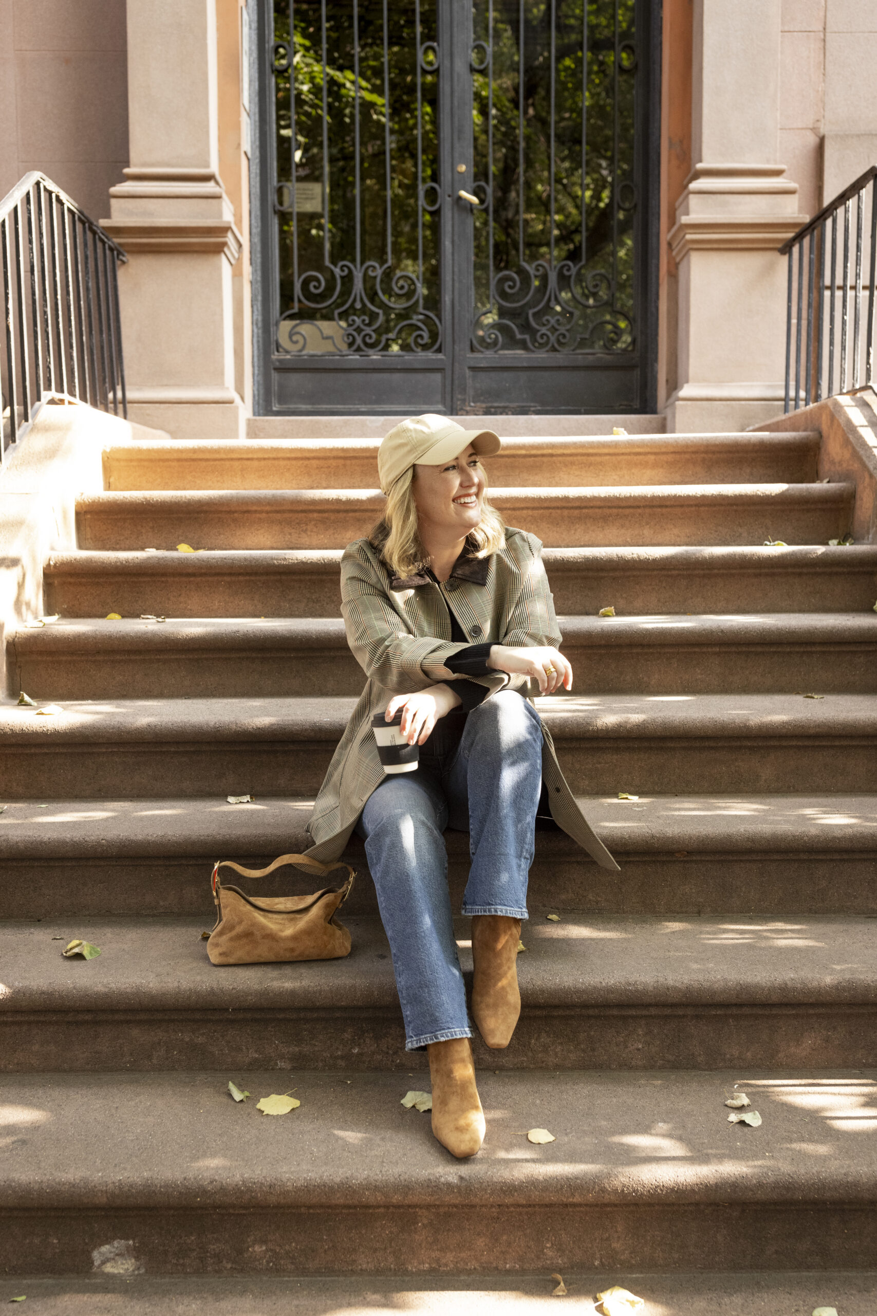 Fall outfit car coat with suede boots and baseball cap 