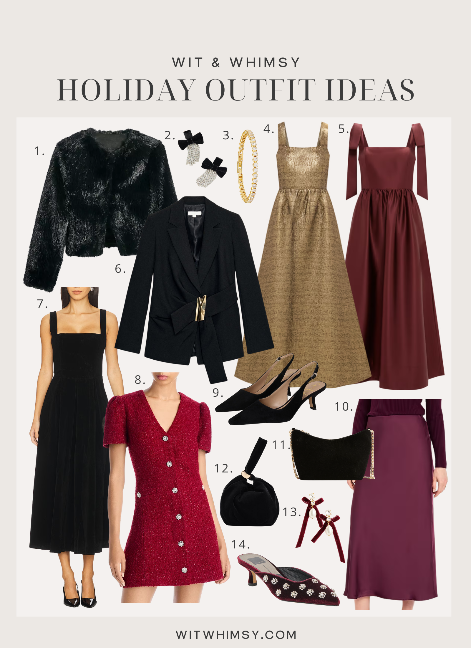 Collage of budget-friendly holiday outfit ideas from Wit & Whimsy showcasing festive looks including a black faux fur jacket, gold metallic dress, burgundy bow-strap gown, red tweed mini dress, and elegant accessories like black slingback heels, velvet handbags, and bow earrings.