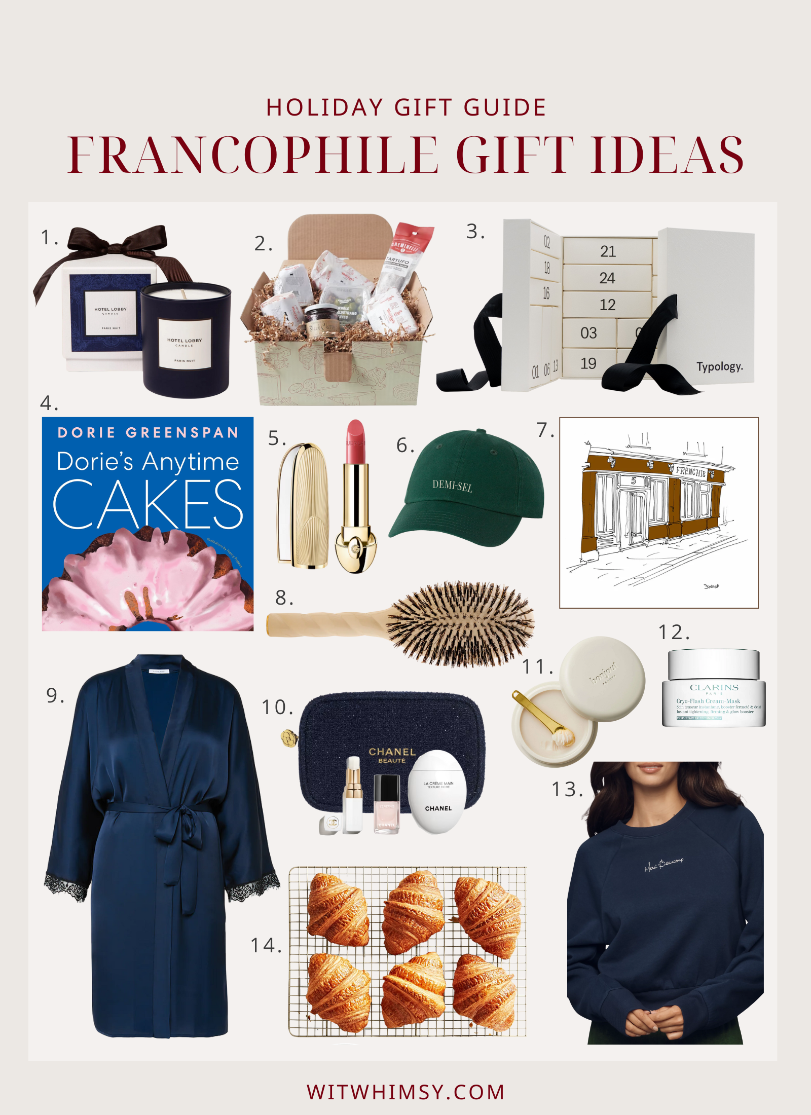 Flat lay of elegant French-inspired holiday gifts titled “Francophile Gift Ideas” from guktwgpa.top. Includes a Paris-scented candle, Murray’s Cheese French gift box, Typology advent calendar, Dorie Greenspan cookbook, Guerlain Rouge G lipstick, green “Demi Sel” hat, Paris café sketch print, La Bonne Brosse hairbrush, Simone Pérèle satin robe, Chanel beauty travel set, Le Balm solid serum, Clarins Cryo-Flash mask, embroidered navy sweatshirt, and Le Marais croissants & jam box.