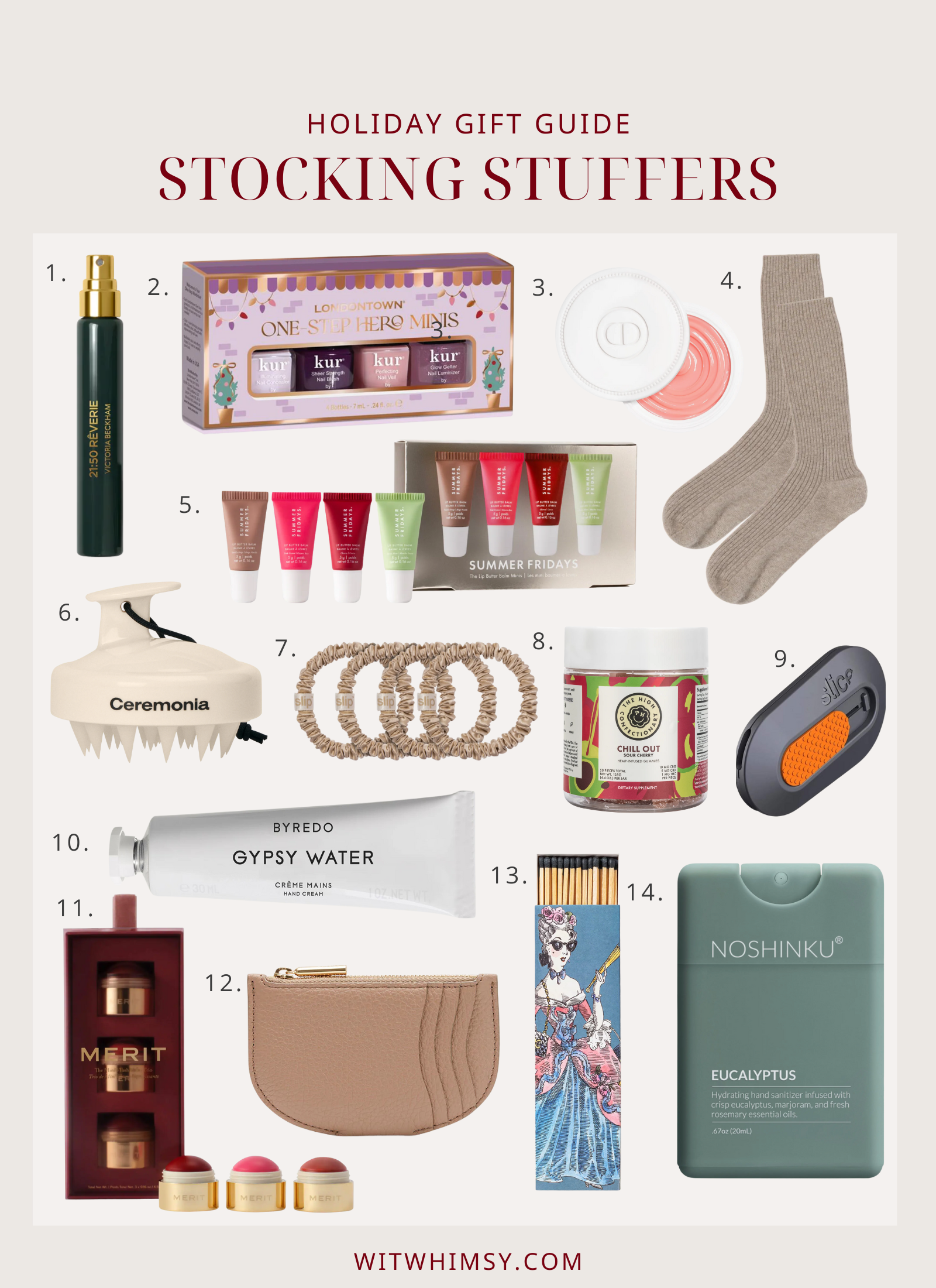 Affordable Gifts Holiday stocking stuffer gift guide collage featuring affordable beauty, skincare, hair care, and small accessories including travel perfume, Londontown nail polish minis, Dior silicone lid, cozy socks, Summer Fridays lip balm set, scalp massager, Slip silk hair ties, herbal gummies, orange peelers, Byredo hand cream, Merit lip and cheek balm trio, leather card case, decorative matches, and Noshinku eucalyptus hand sanitizer.