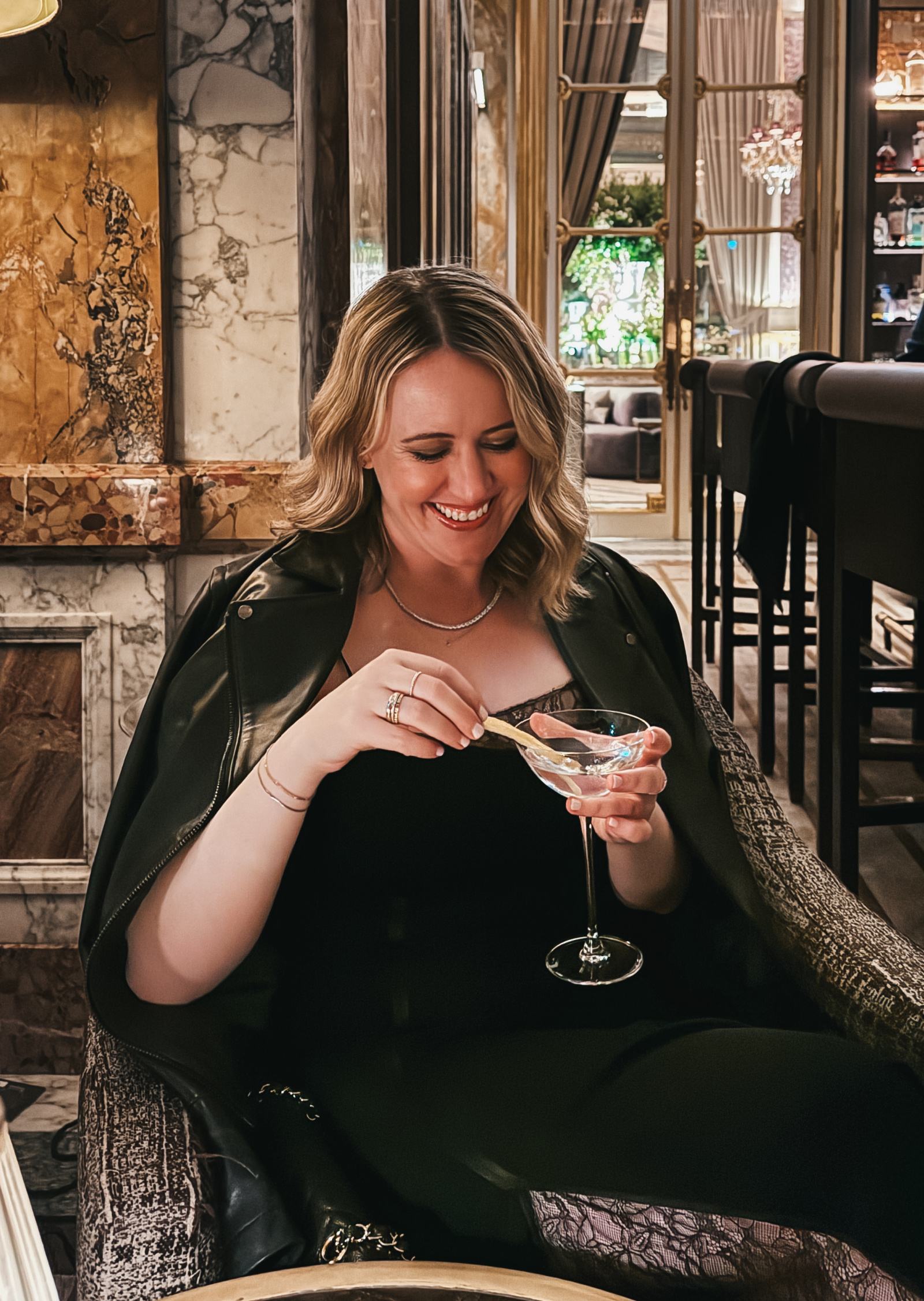  Wit Whimsy Blogger Meghan Donovan shares Dorsey Jewelry Review - woman having a drink