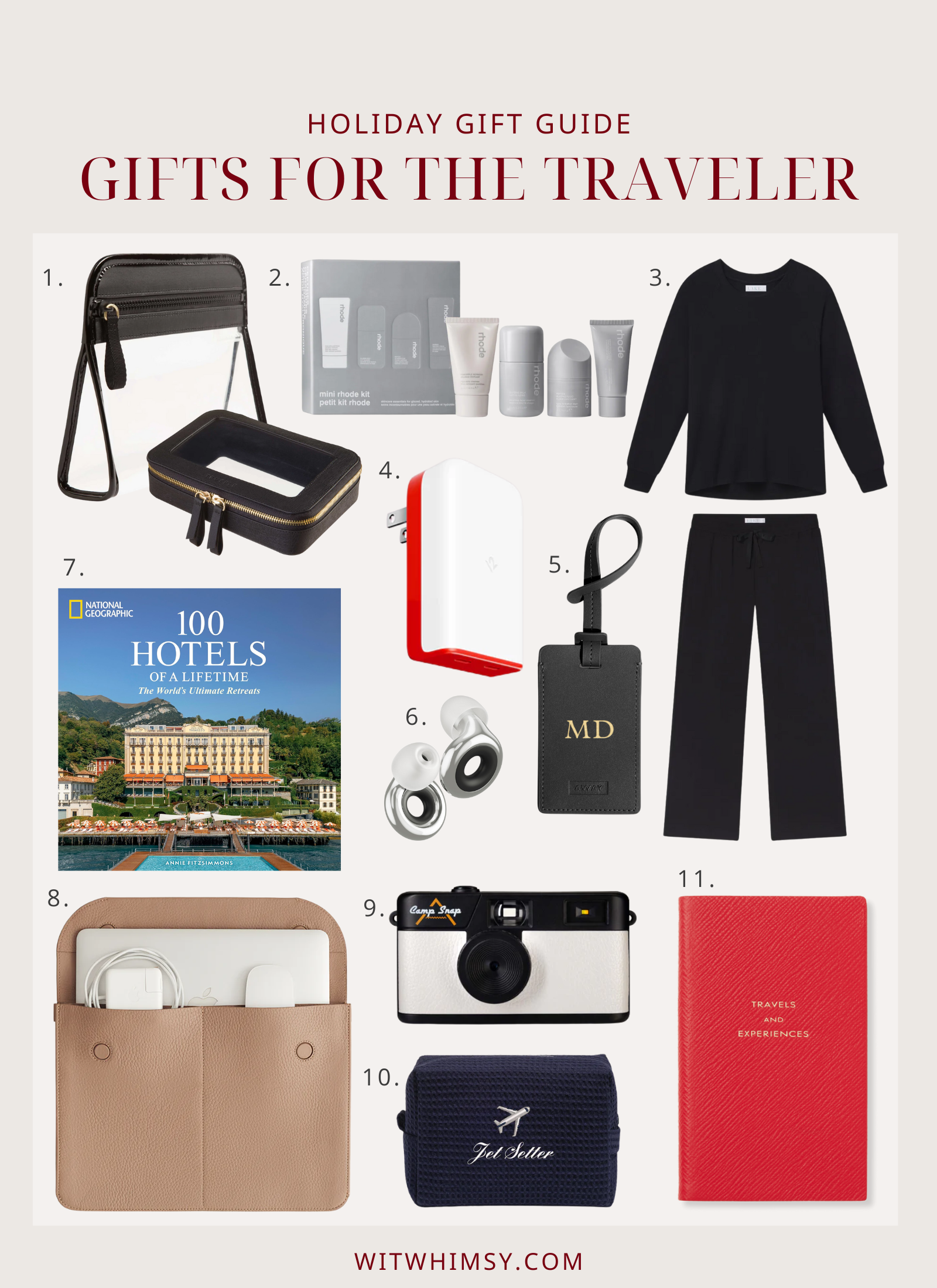 Holiday gift guide collage featuring the best gifts for frequent travelers, including a clear TSA-approved toiletry bag set, mini skincare kit, black travel loungewear set, portable fast charger, monogrammed luggage tag, AirPods ear hooks, National Geographic 100 Hotels of a Lifetime book, leather tech organizer, retro film camera, jet setter travel pouch, and red travel journal.