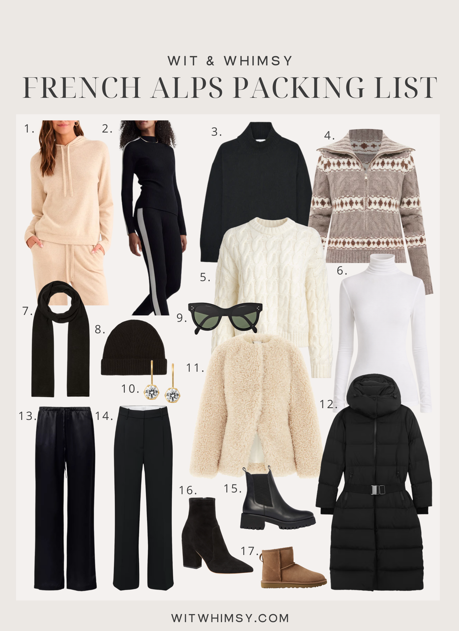 French Alps packing list outfit collage featuring cozy sweaters, a white turtleneck, black pants, winter boots, a puffer coat, scarf, beanie and cold-weather travel essentials for a stylish alpine trip