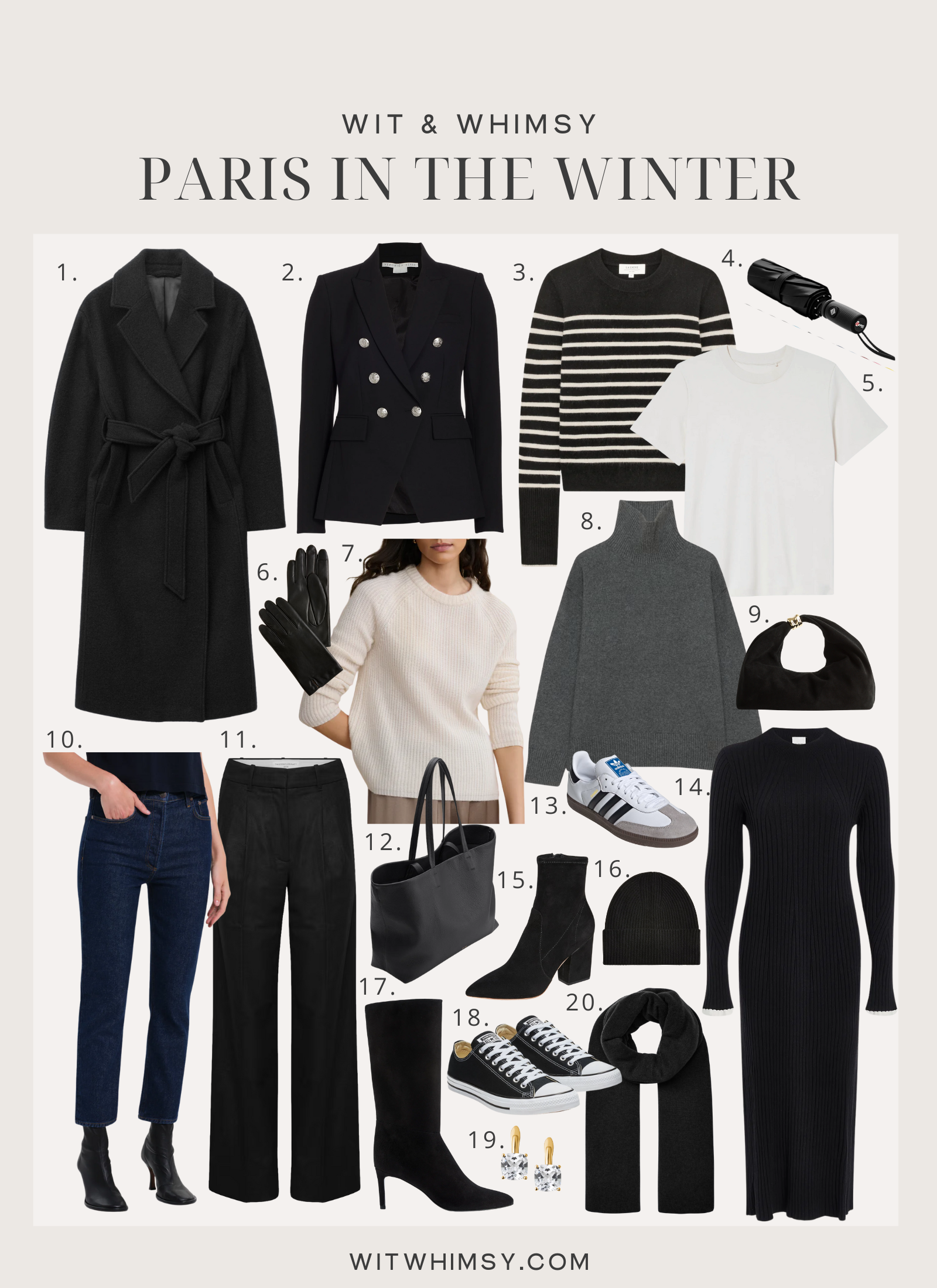 Collage of winter outfits for Paris featuring a black wool wrap coat, navy double-breasted blazer, striped sweater, cozy knits, dark denim, wide leg trousers, black boots, sneakers, leather gloves, tote bag, beanie, scarf, and winter dress from Wit & Whimsy’s What To Pack For Paris In Winter guide.