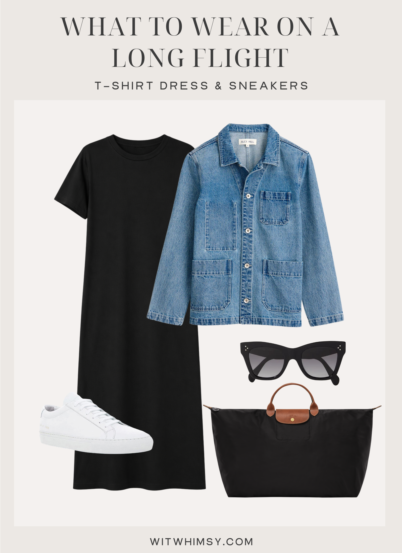 What to Wear on a Long Flight What to Wear on a Long Flight: Black t-shirt dress travel outfit with white sneakers, denim jacket and tote bag