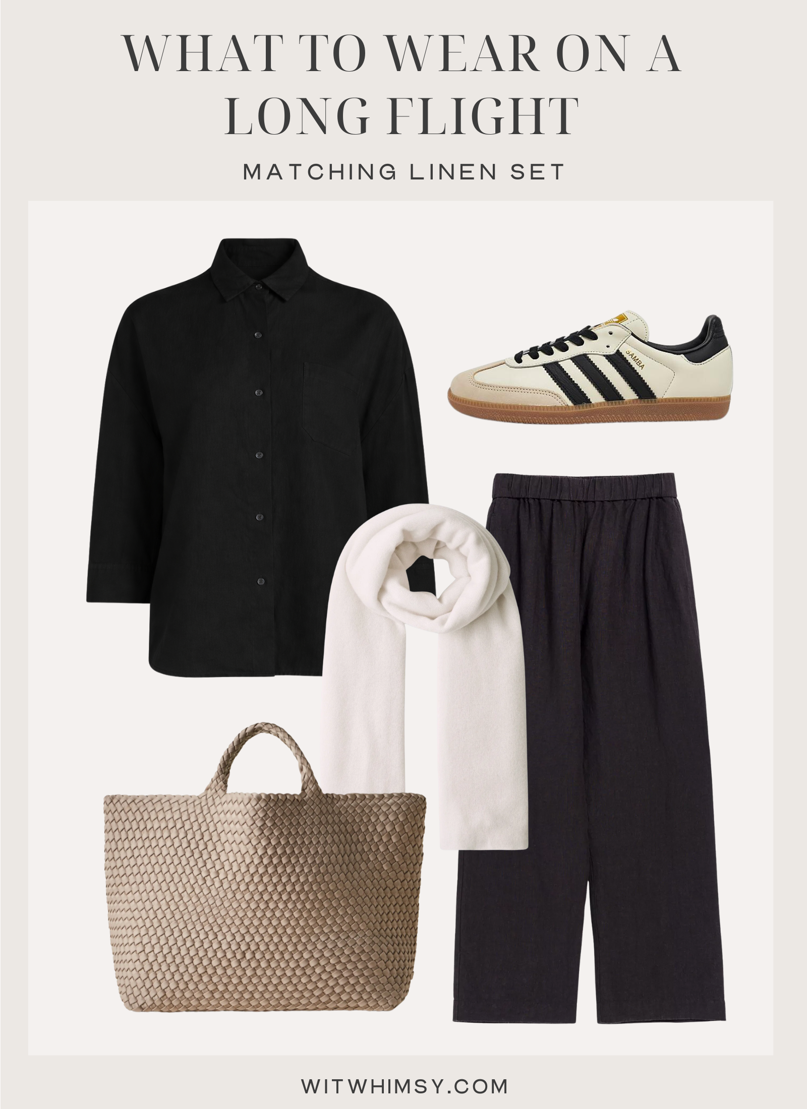 What to Wear on a Long Flight What to Wear on a Long Flight: Black linen travel set with button-down shirt, wide leg pants, sneakers and woven tote