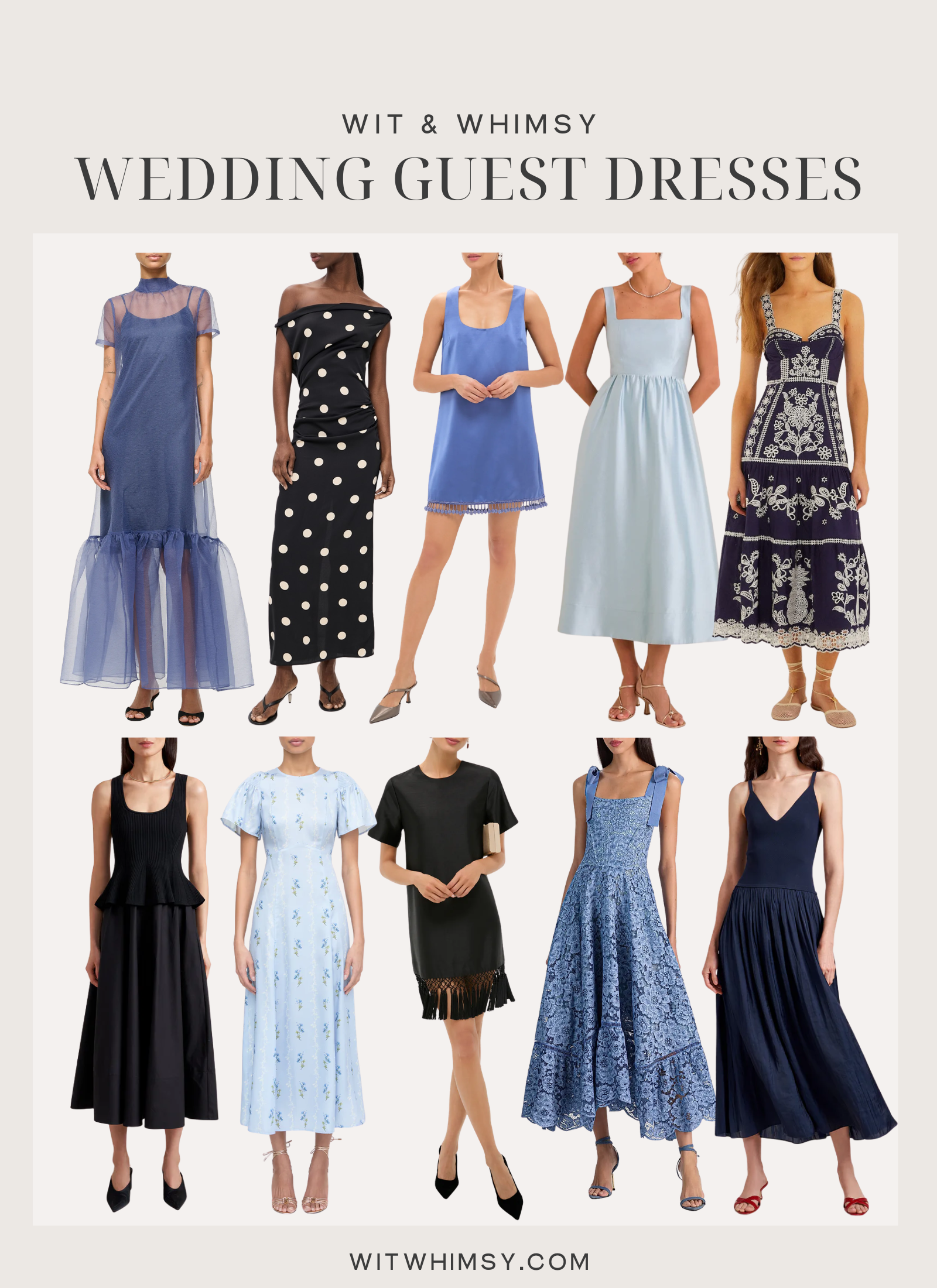 Wedding guest dresses collage featuring blue, black and printed midi and maxi dresses in elegant silhouettes including sleeveless, off-the-shoulder and lace styles for spring and summer weddings