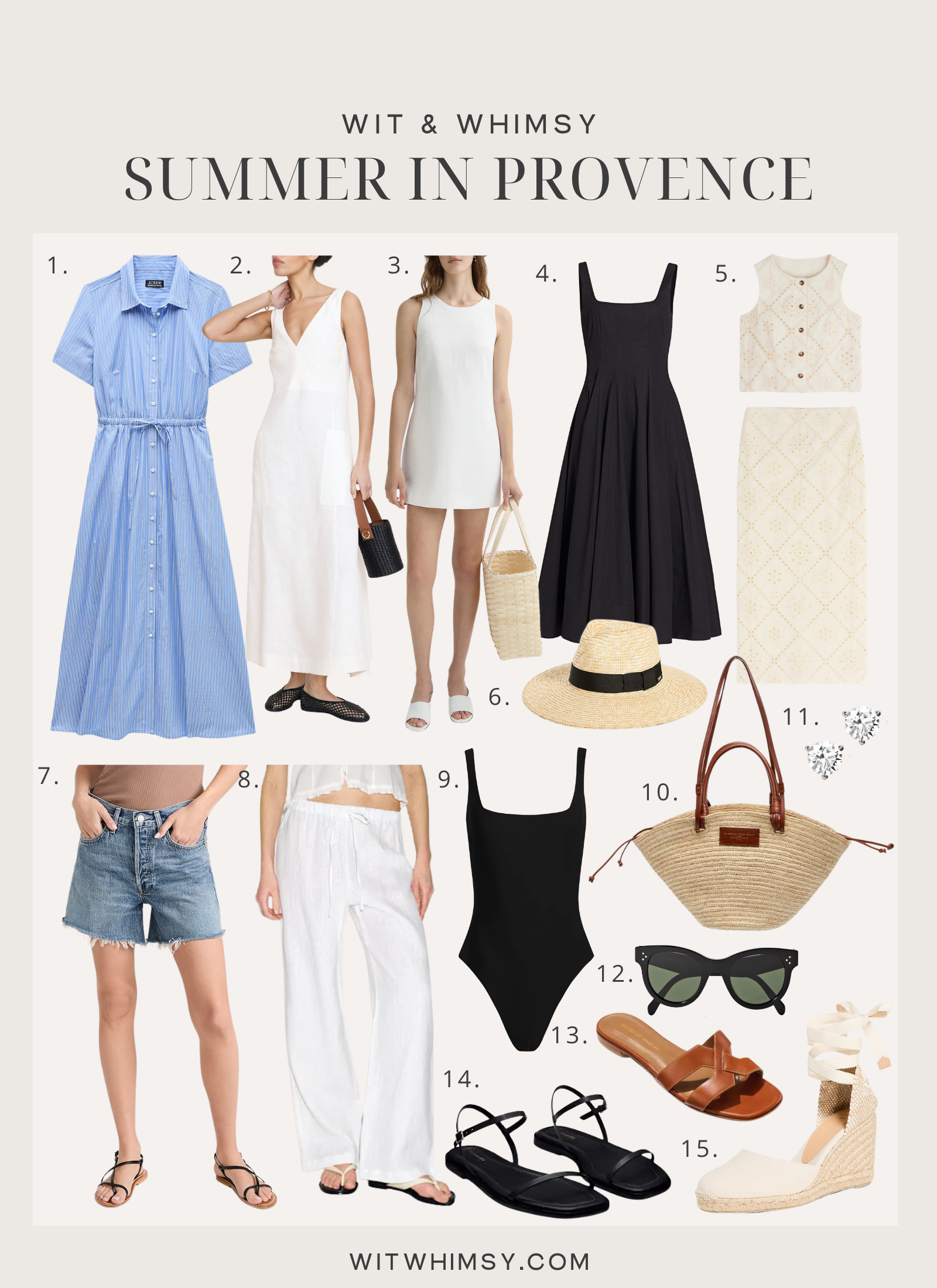 Summer in Provence packing list featuring linen dresses, white maxi dress, black midi dress, denim shorts, linen pants, straw tote bag, swimsuit, leather sandals, espadrilles, sunglasses and wide-brim hat