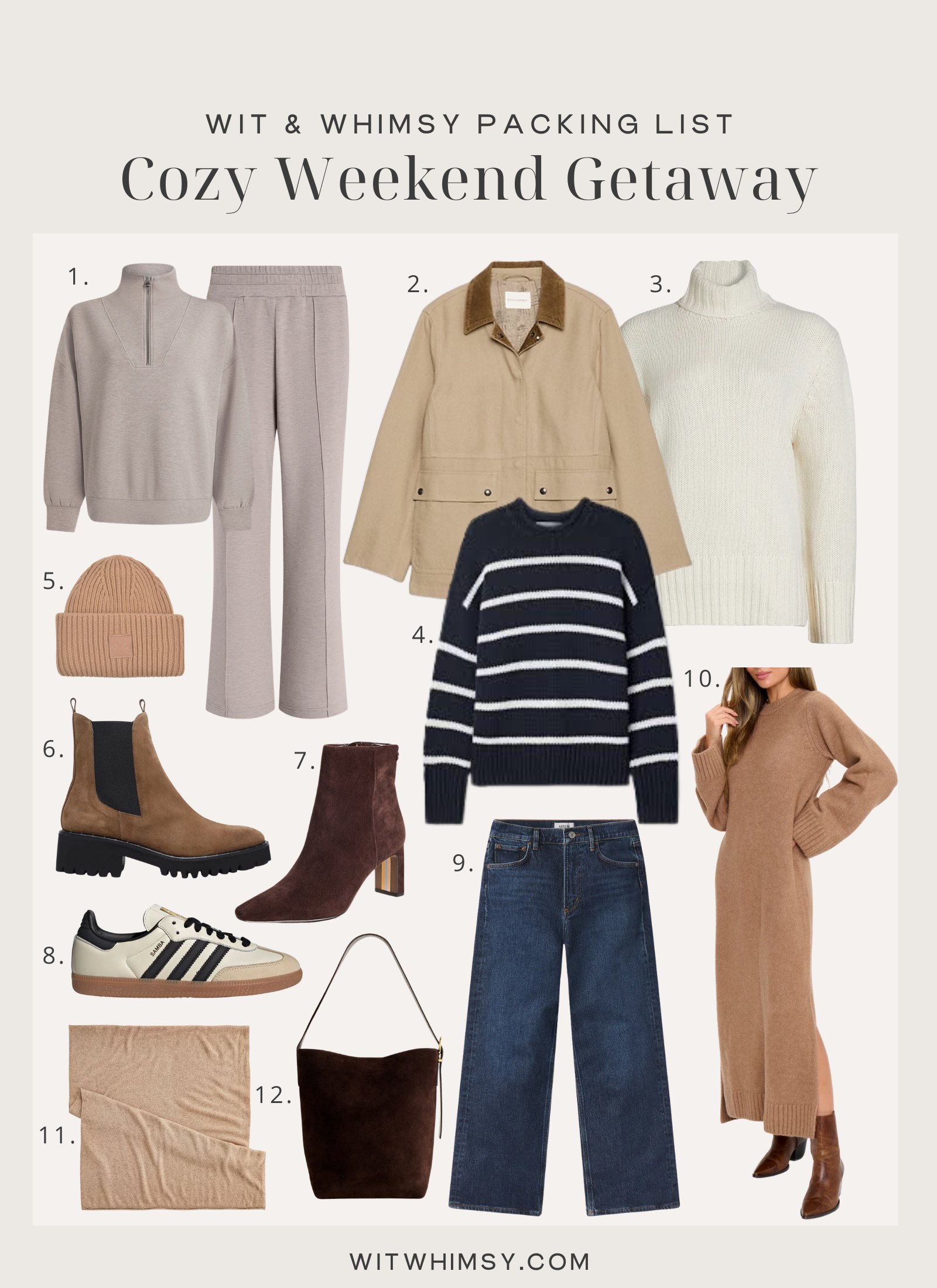 Weekend Getaway Packing List Wit & Whimsy Cozy Weekend Getaway Packing List featuring 12 fall essentials: matching lounge set in taupe, tan field jacket, cream cashmere sweater, navy striped sweater, camel beanie, brown lug sole boots, suede ankle boots, Adidas sneakers, dark wash jeans, camel sweater dress, beige cashmere wrap, and suede bucket bag