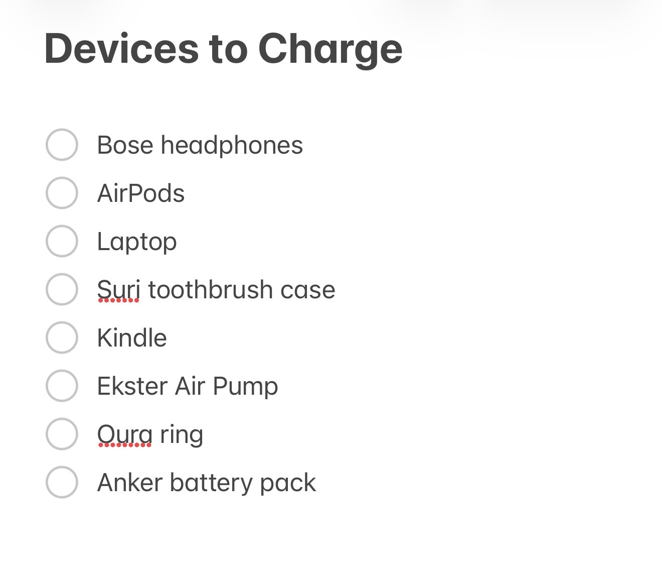 Charging List for Travels