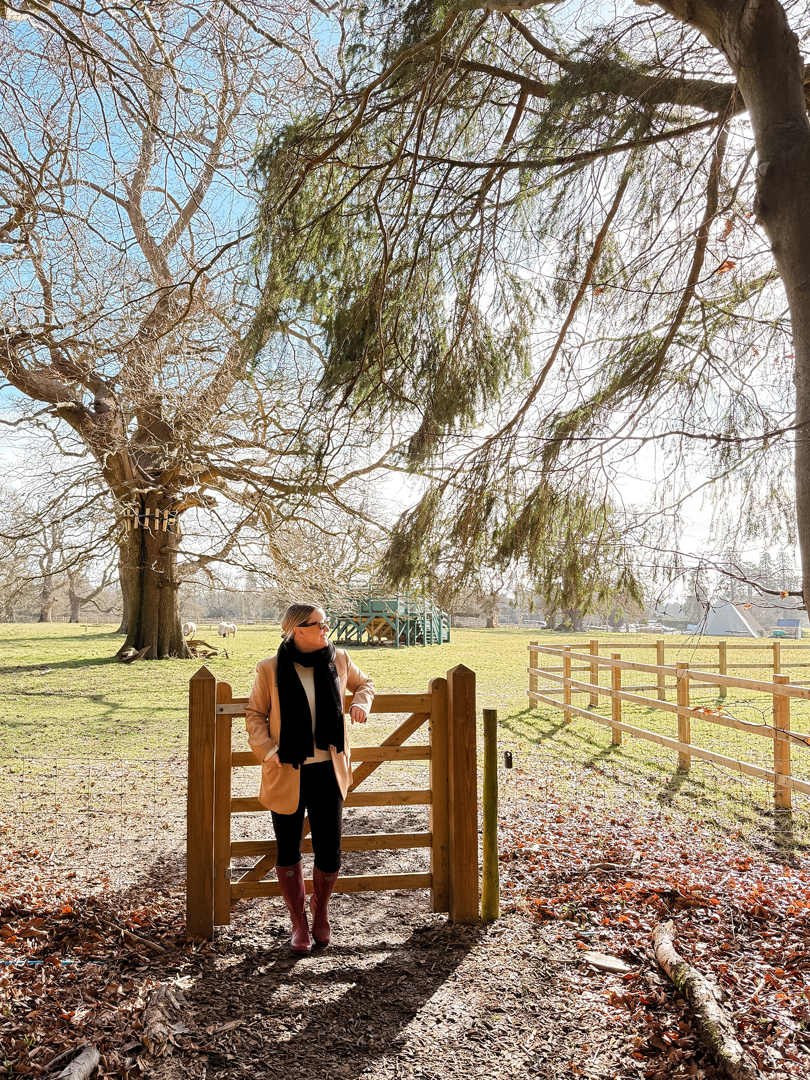 What to Pack for the Cotswolds Wit Whimsy wearing a camel coat, cream sweater, black scarf, black pants, and rain boots standing at a wooden gate in the English countryside