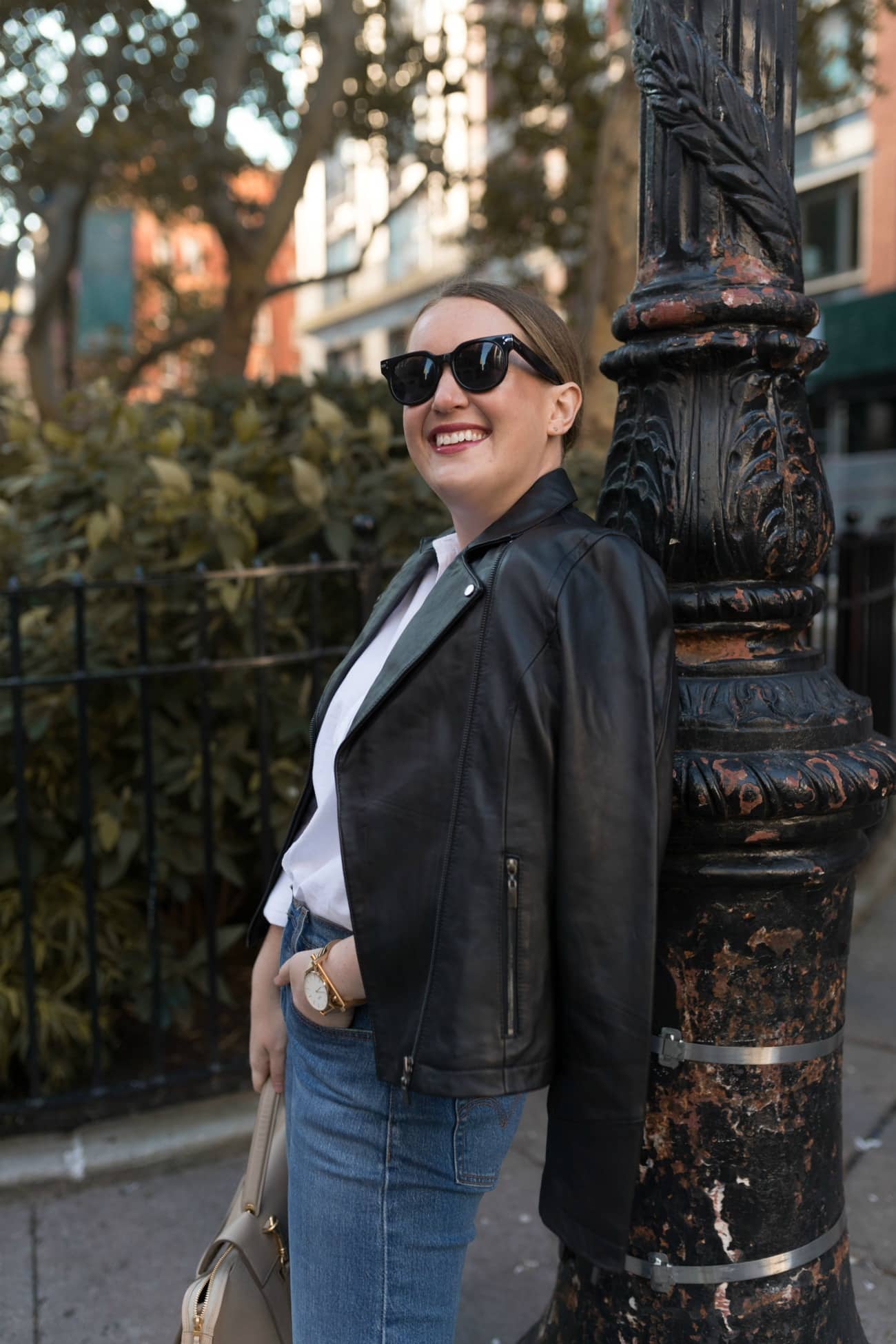 Button down and leather jacket