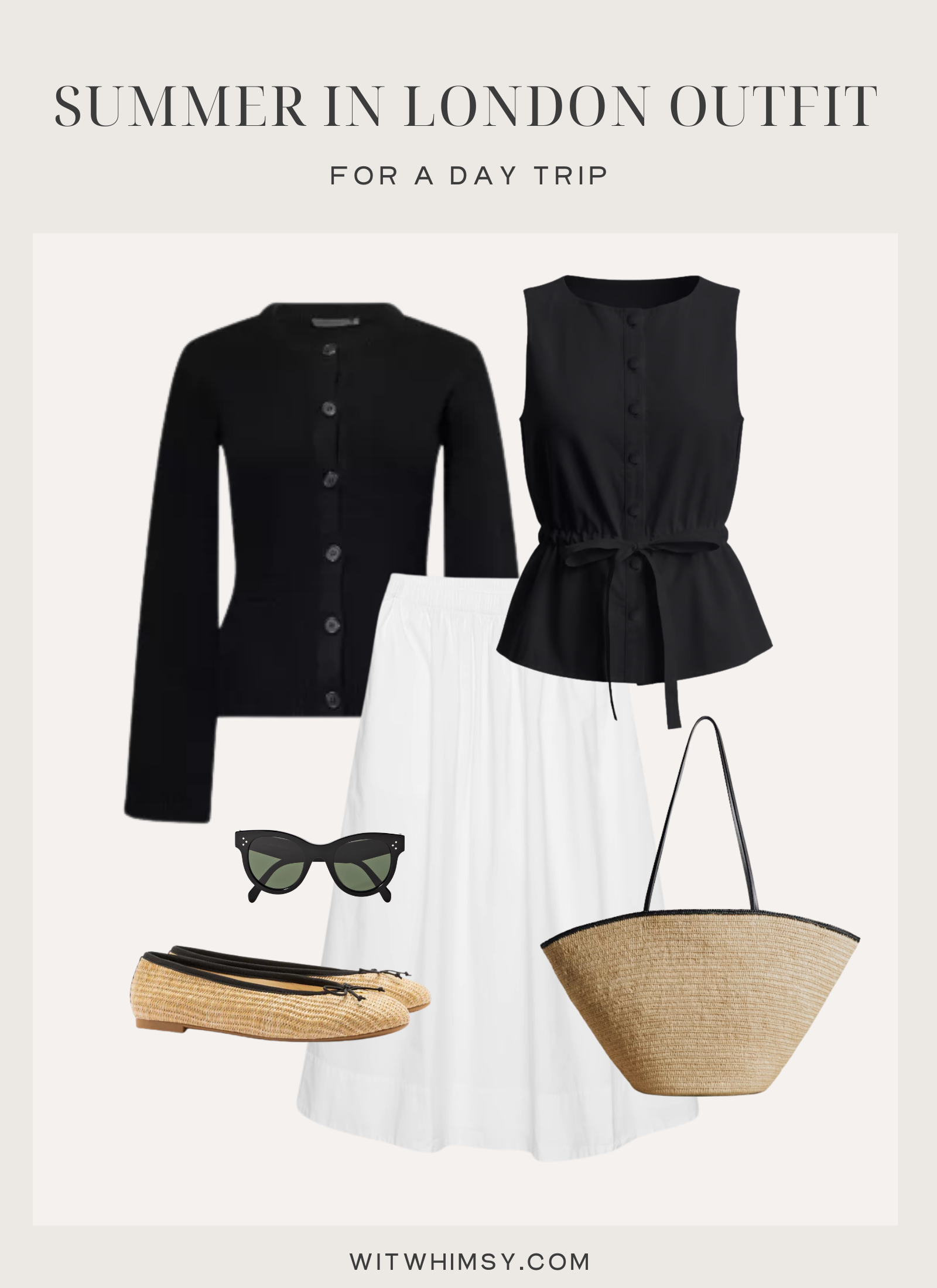 Black and white summer outfit collage with skirt, cardigan and flats for a stylish London day trip.