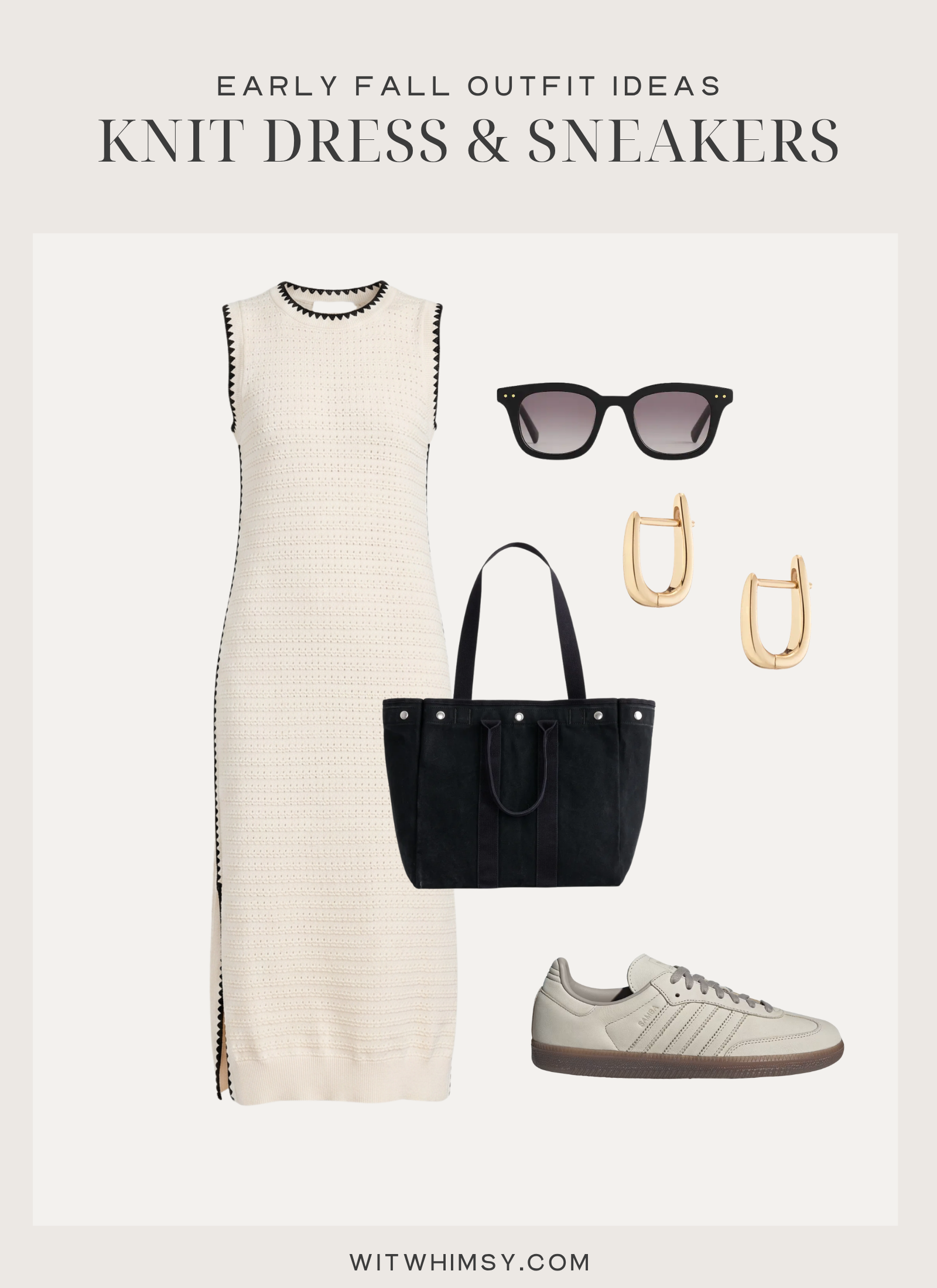 Early fall outfit idea, knit dress, black canvas tote