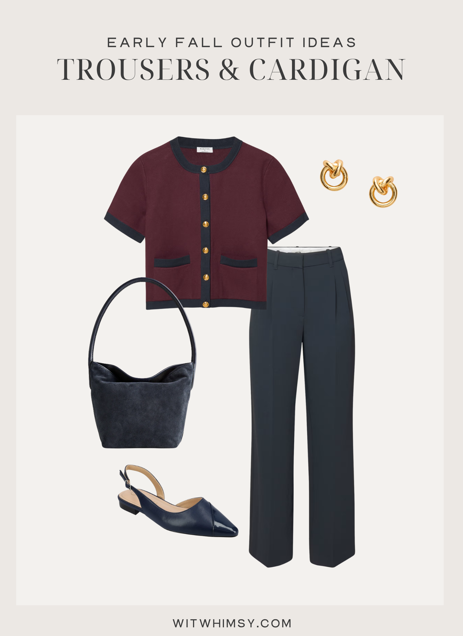 Early fall outfit idea, burgundy short-sleeve cardigan, navy crepe pants