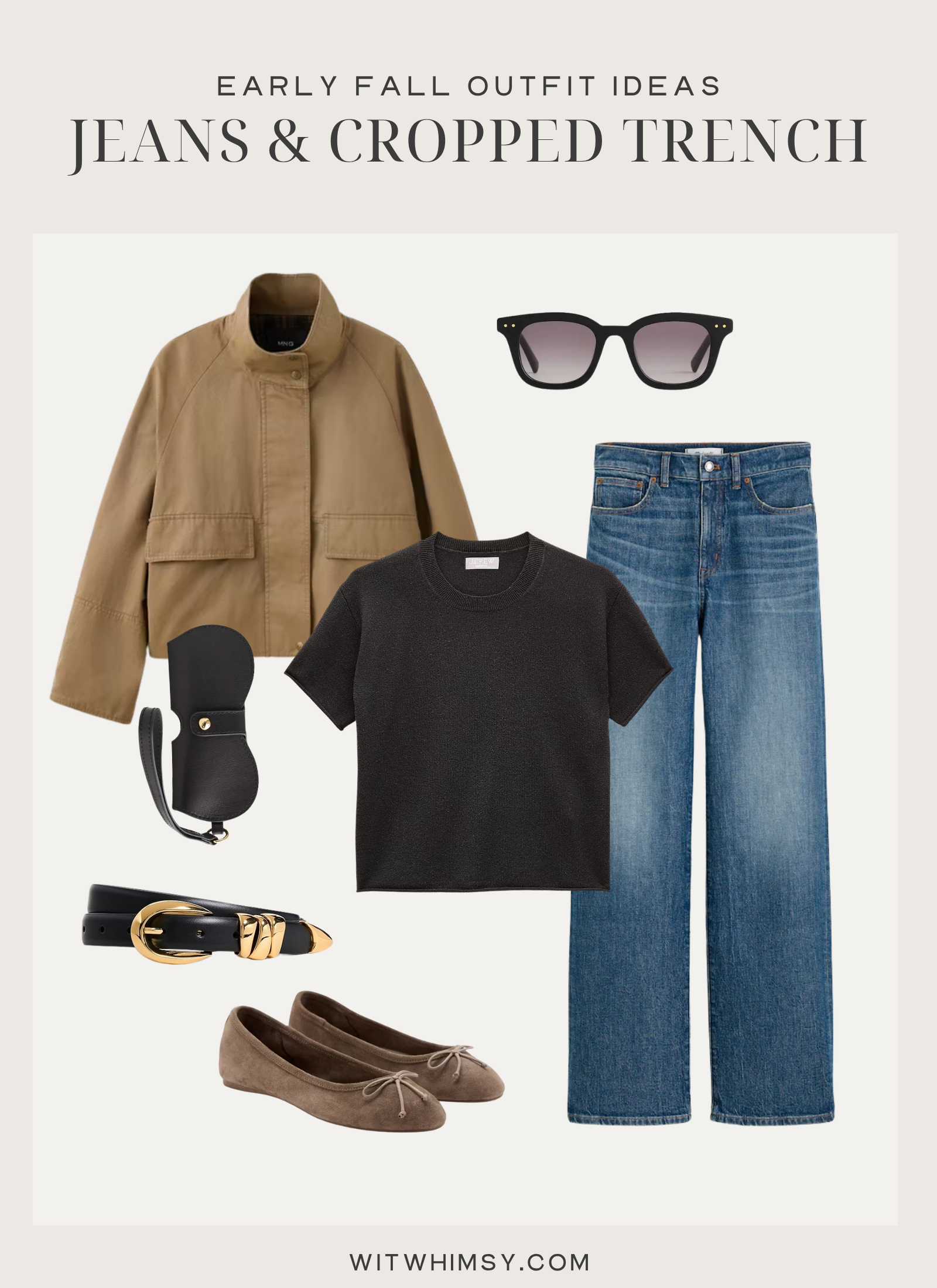 Early fall outfit idea, wide-leg jeans, cropped funnel neck trench
