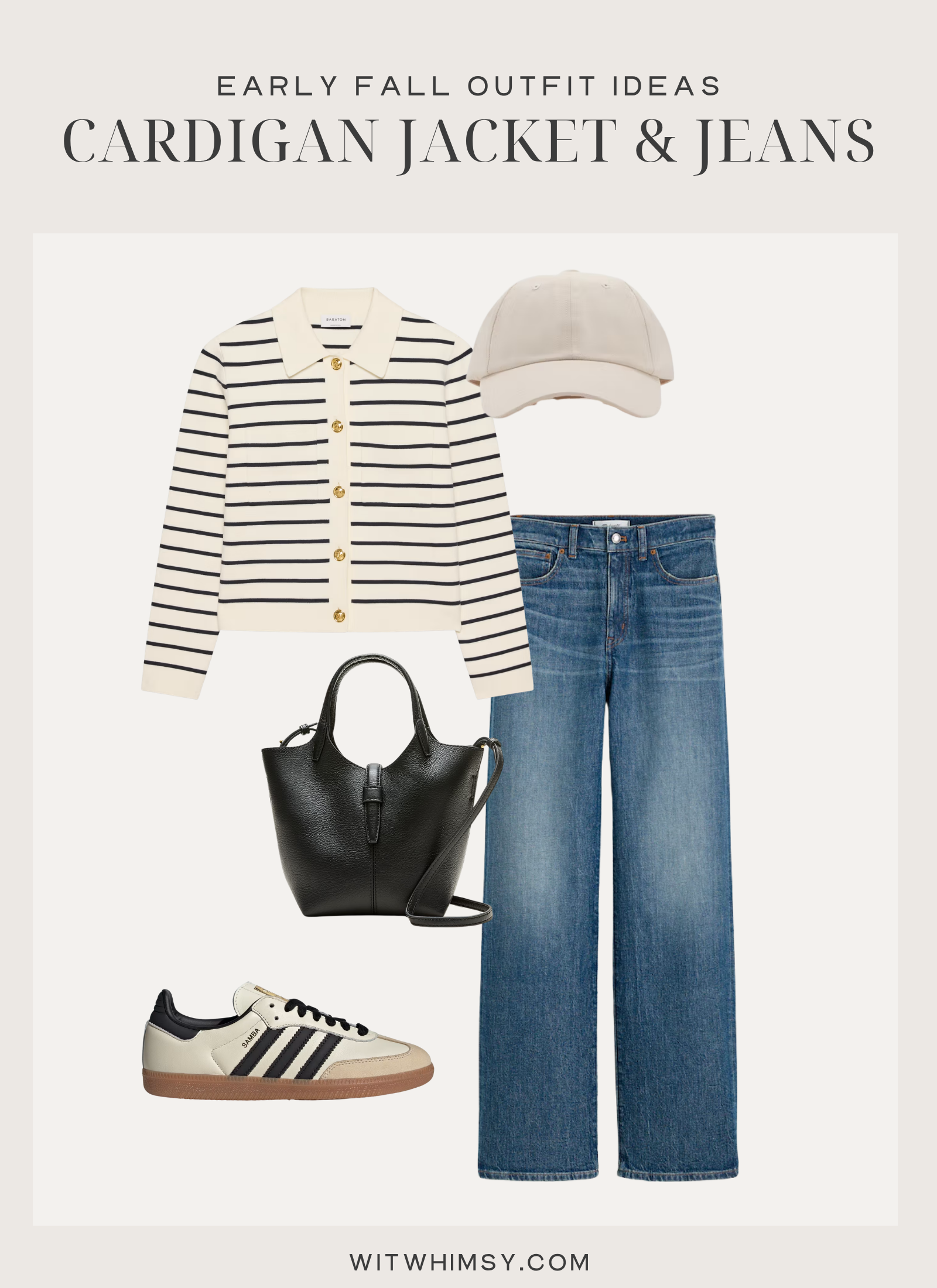 Early fall outfit idea, striped cardigan jacket, black bucket bag