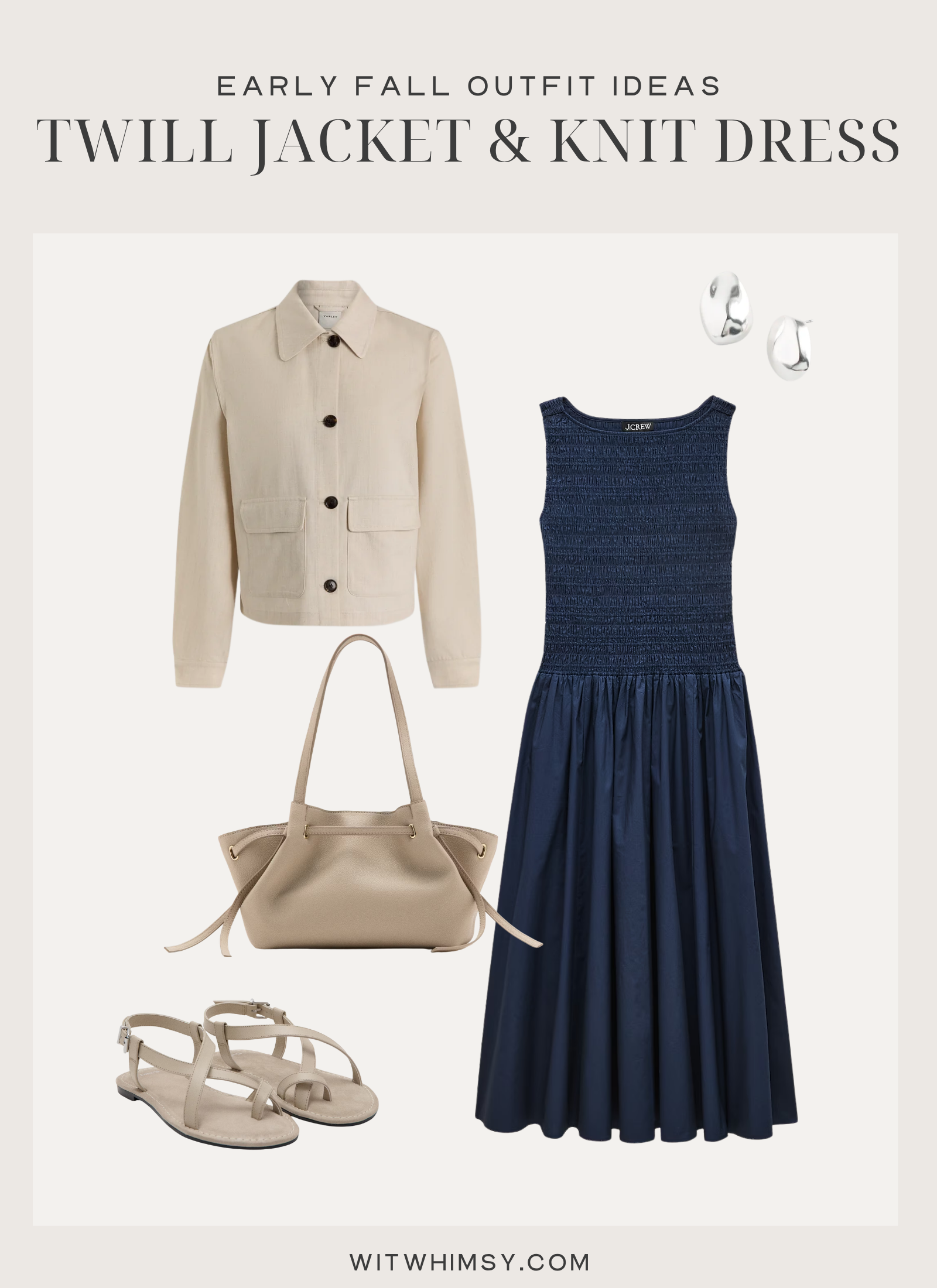 Early fall outfit idea, knit midi dress, twill jacket | Affordable Transitional Fall Clothing